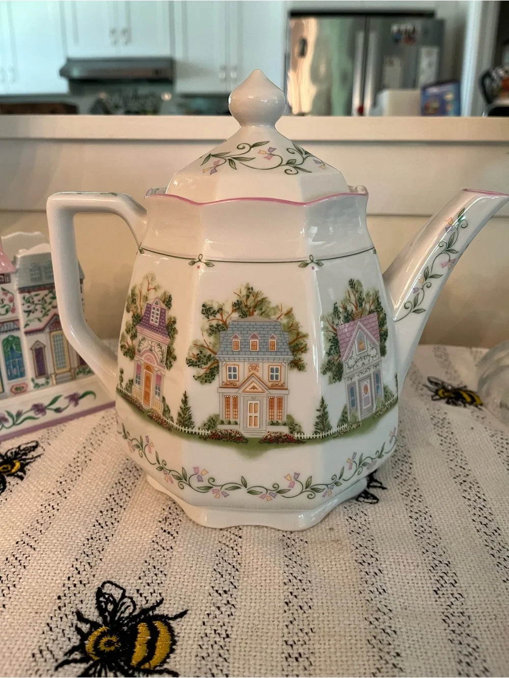 LENOX Porcelain Coffee Pot with Pastel Cottage Pattern - Vintage 1990s